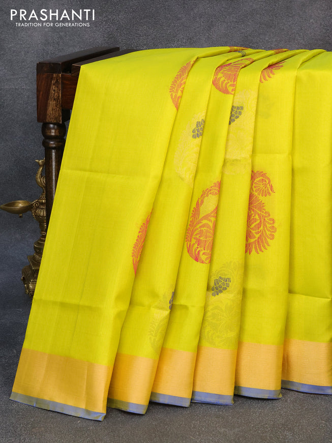 Pure soft silk saree lime yellow and blue with thread & zari woven buttas and zari woven border