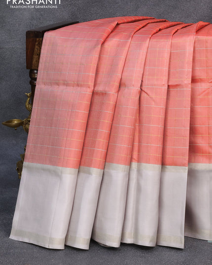 Pure soft silk saree peach pink and pastel grey with allover zari checked pattern and rettapet silver zari woven border