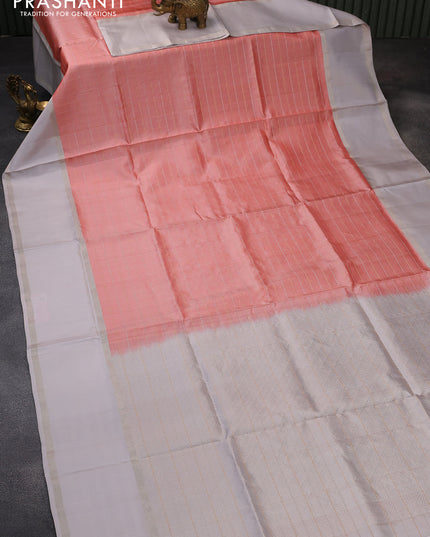 Pure soft silk saree peach pink and pastel grey with allover zari checked pattern and rettapet silver zari woven border