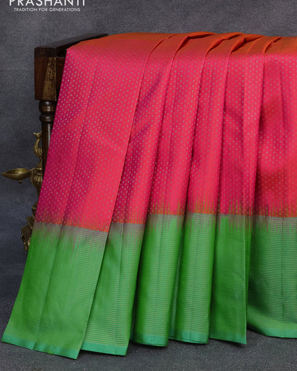 Pure soft silk saree dual shade of pinkish orange and green with allover silver & copper zari weaves and zari woven simple border