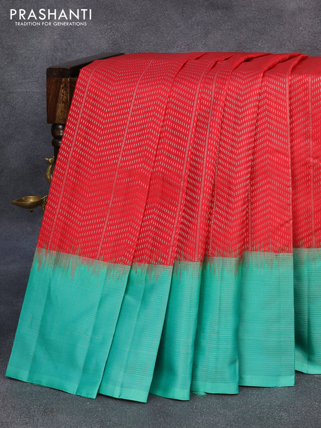 Pure soft silk saree red and teal green with allover silver zari weaves and silver zari woven border