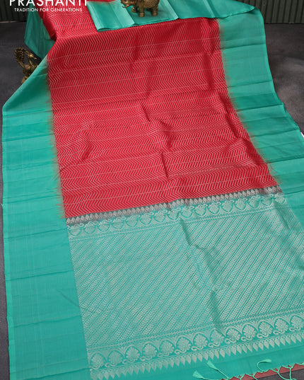 Pure soft silk saree red and teal green with allover silver zari weaves and silver zari woven border