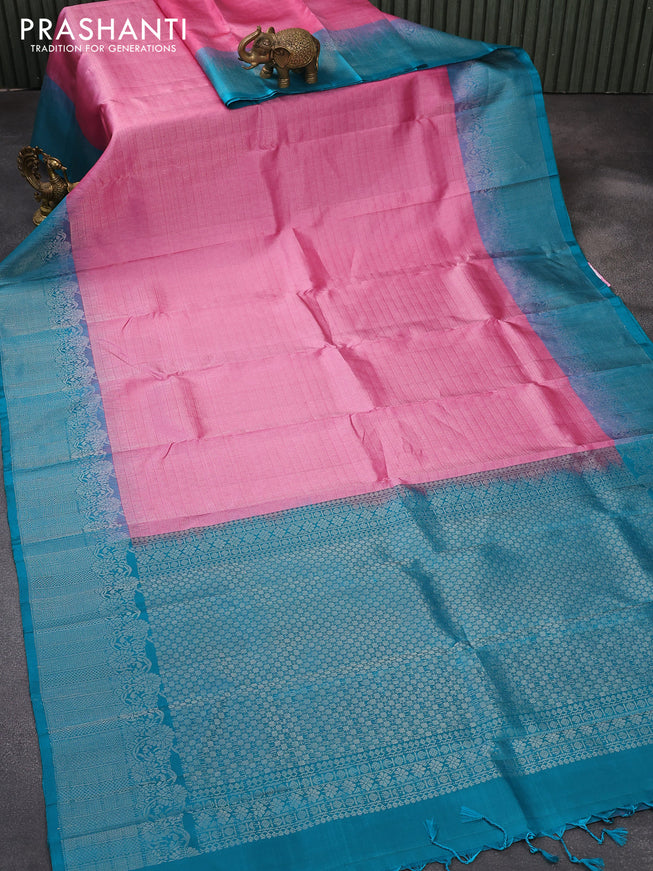 Pure soft silk saree light pink and teal blue with allover silver zari woven brocade weaves and silver zari woven border
