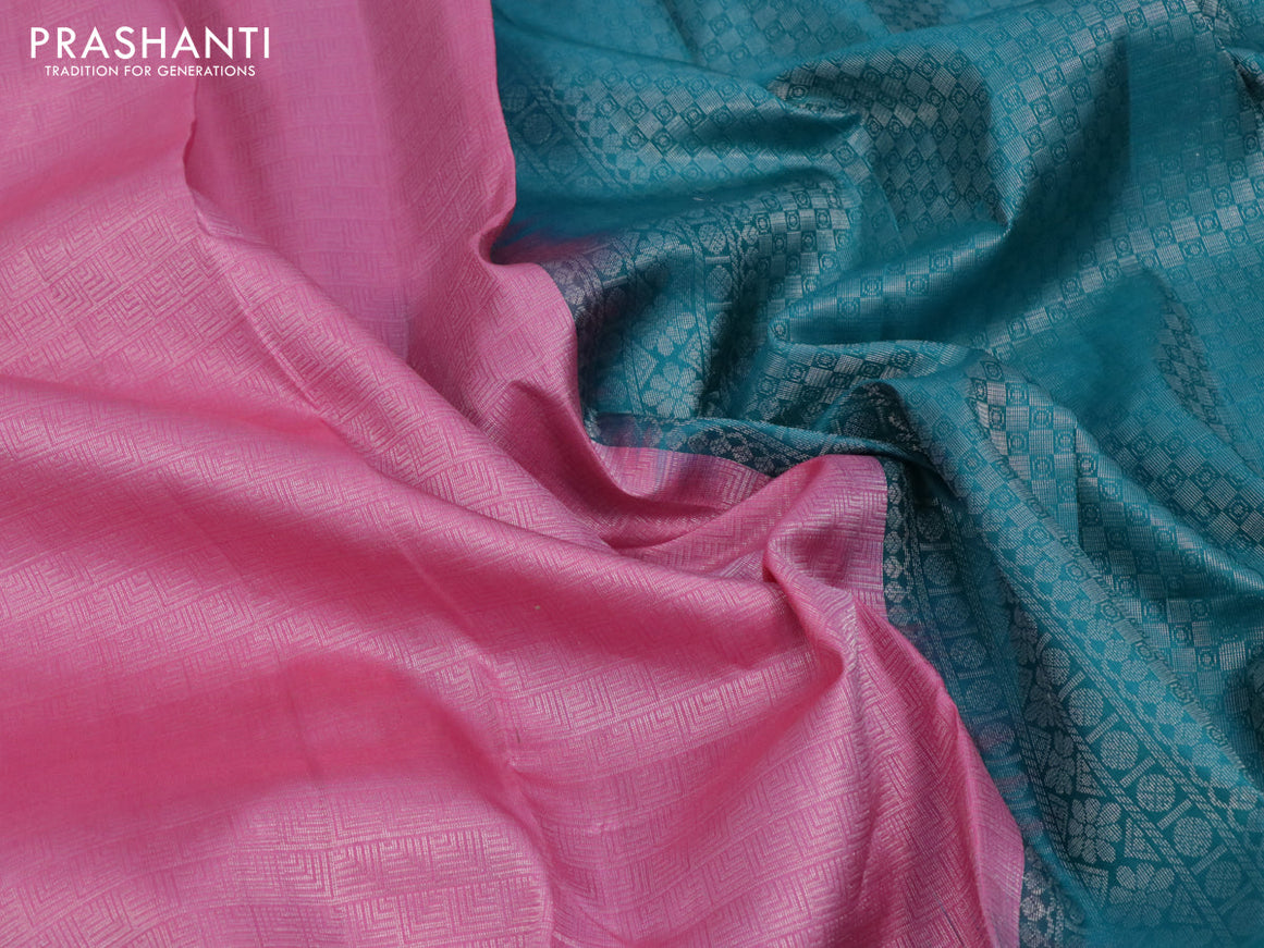 Pure soft silk saree light pink and teal blue with allover silver zari woven brocade weaves and silver zari woven border