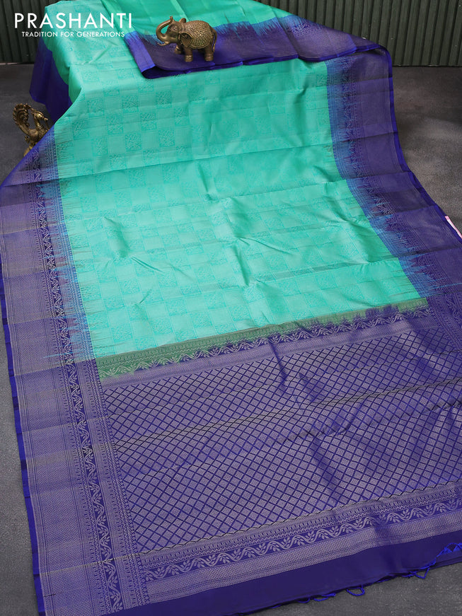 Pure soft silk saree teal green and blue with allover silver zari woven brocade weaves and silver zari woven border