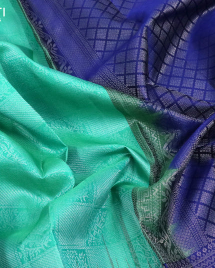 Pure soft silk saree teal green and blue with allover silver zari woven brocade weaves and silver zari woven border