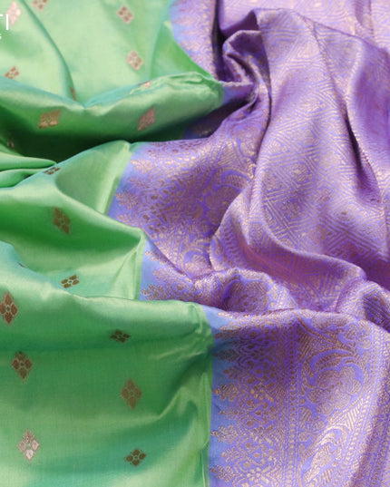 Pure banarasi katan silk saree pastel green and lavender shade with copper zari woven buttas and zari woven border