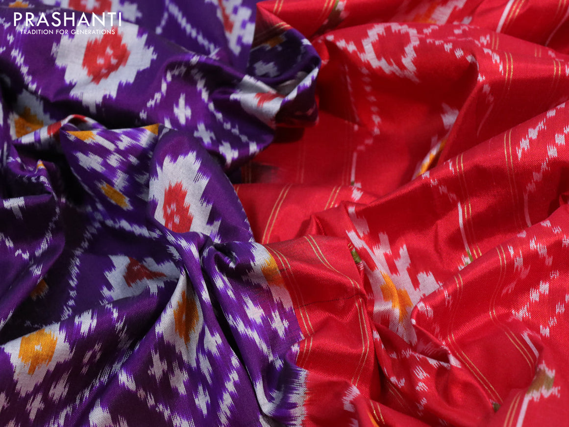 Pochampally silk saree deep violet and red with allover ikat weaves and long zari woven border