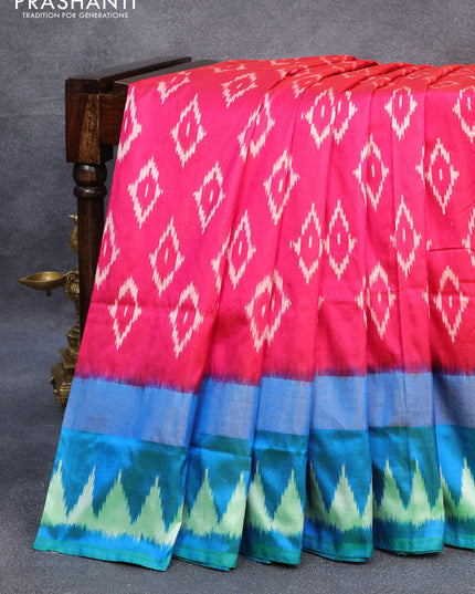 Pochampally silk saree pink and dual shade of teal blue with allover ikat weaves and zari woven ikat style border