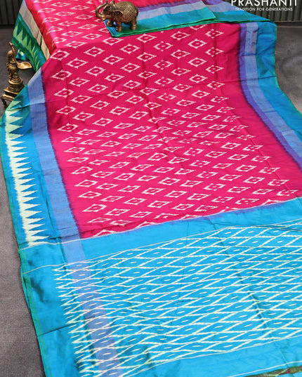 Pochampally silk saree pink and dual shade of teal blue with allover ikat weaves and zari woven ikat style border