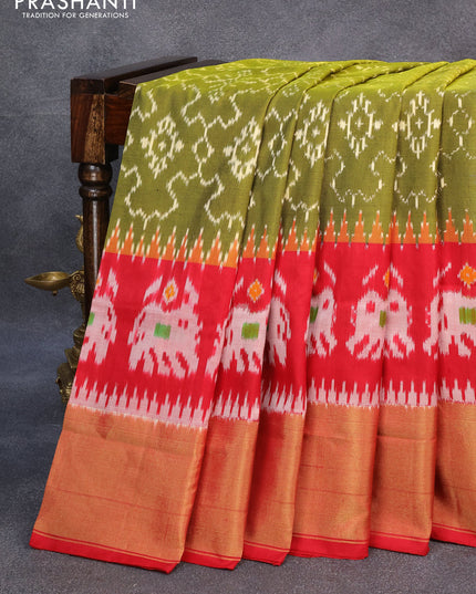 Pochampally silk saree mehendi green and maroon with allover ikat weaves and zari woven border