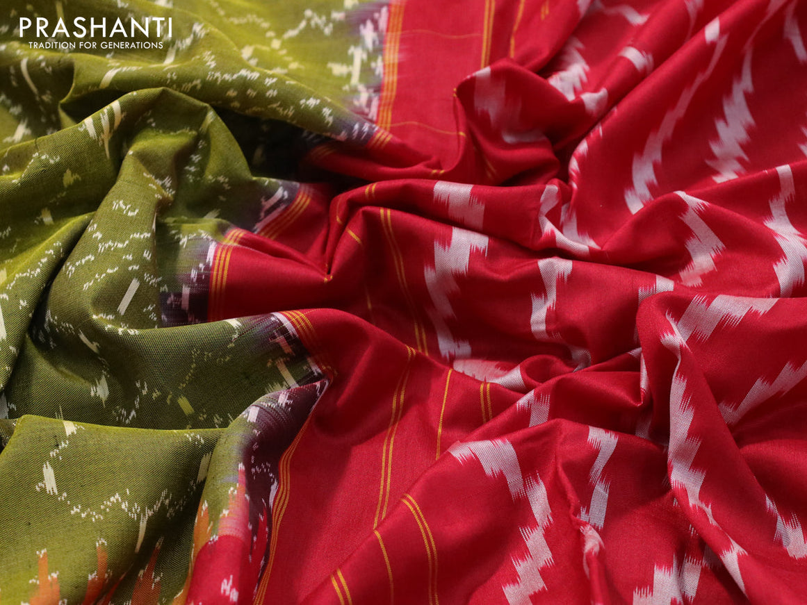 Pochampally silk saree mehendi green and maroon with allover ikat weaves and zari woven border