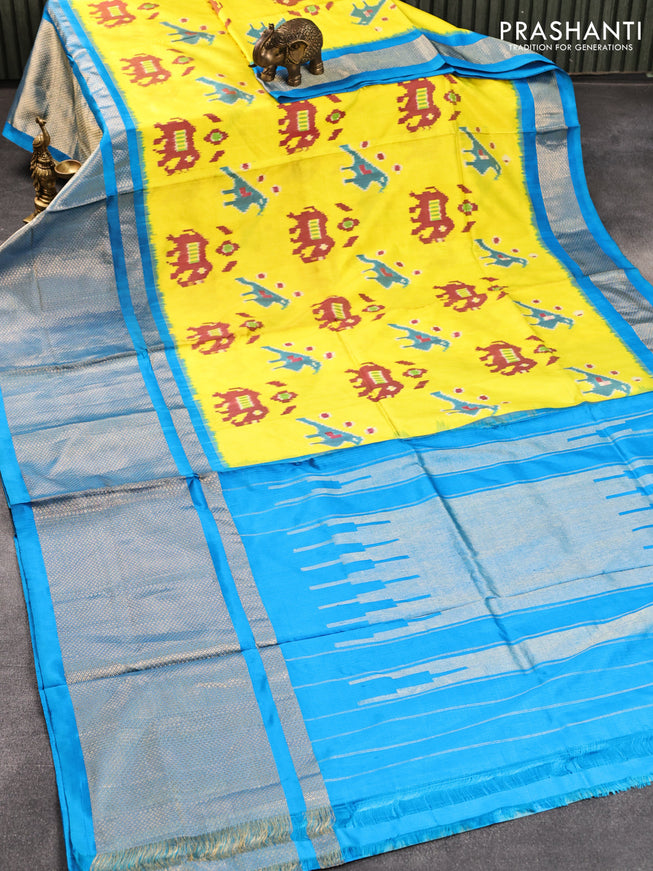Pochampally silk saree lime yellow and cs blue with allover ikat weaves and long zari woven border