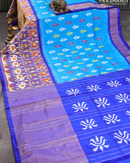 Pochampally silk saree light blue and royal blue with allover ikat butta weaves and long ikat woven zari border