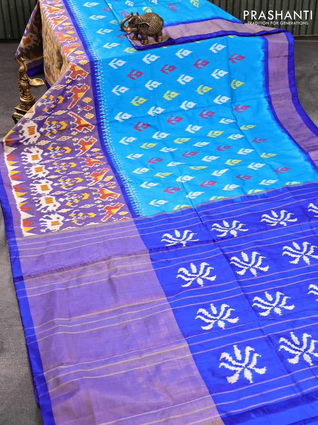 Pochampally silk saree light blue and royal blue with allover ikat butta weaves and long ikat woven zari border