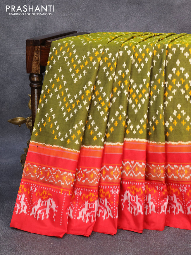 Pochampally silk saree mehendi green and red with allover ikat weaves and zari woven ikat style border