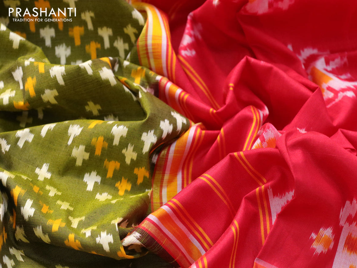 Pochampally silk saree mehendi green and red with allover ikat weaves and zari woven ikat style border