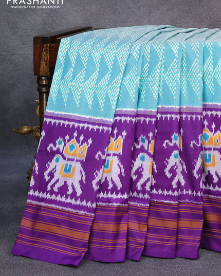 Pochampally silk saree teal blue and violet with allover ikat weaves and long ikat woven border