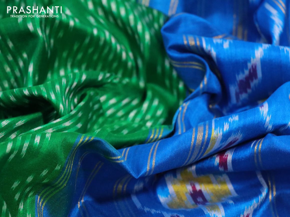 Pochampally silk saree green and cs blue with allover ikat weaves and zari woven border