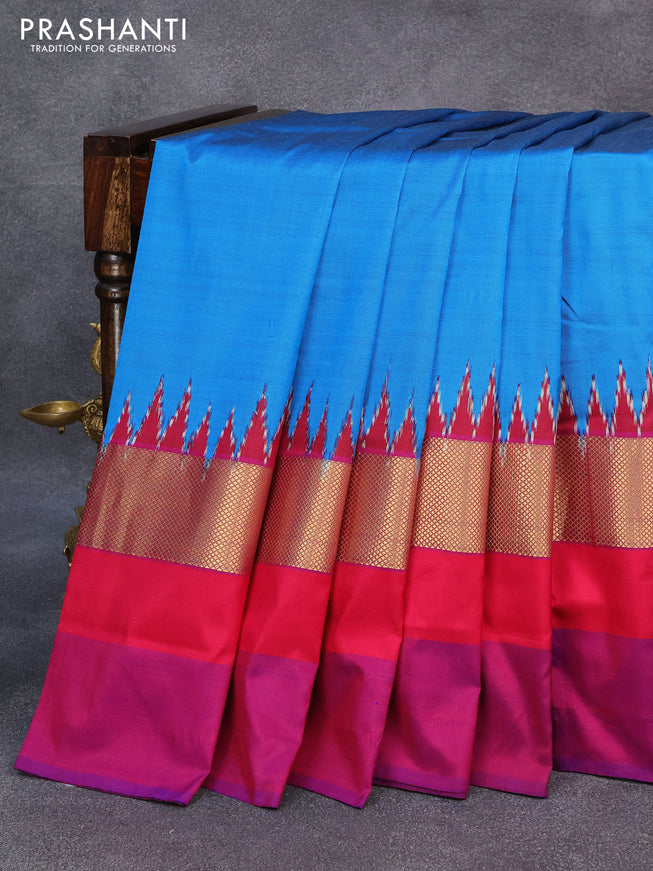 Pochampally silk saree cs blue with plain body and zari woven ganga jamuna border