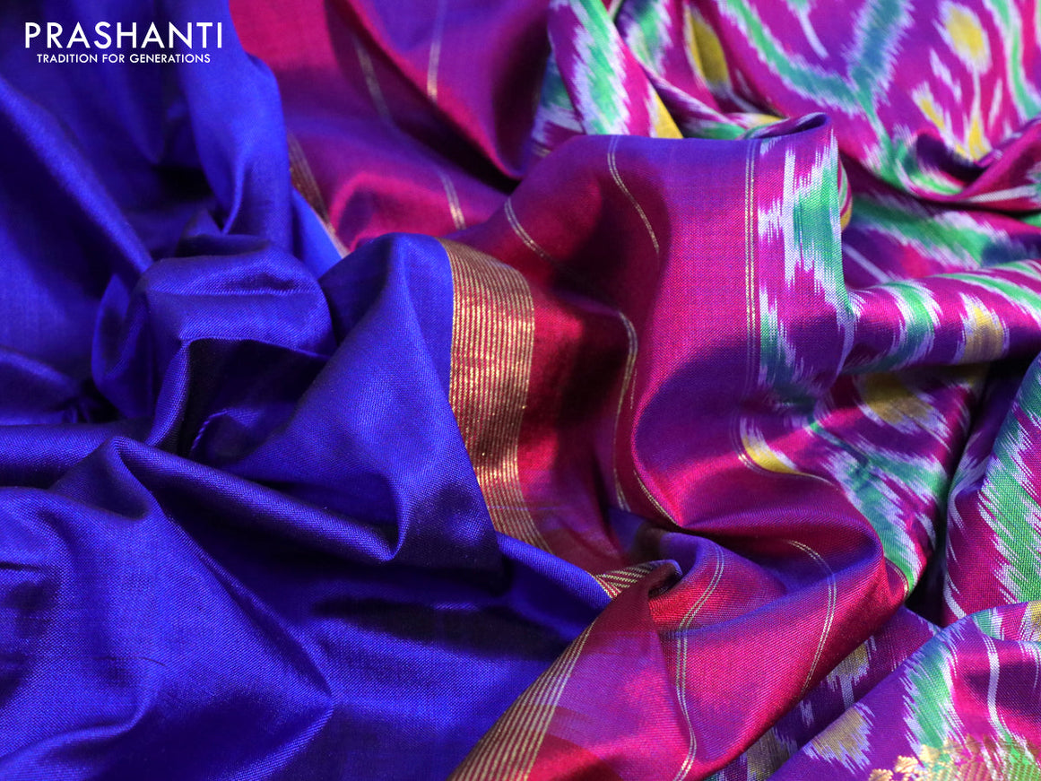 Pochampally silk saree blue with plain body and zari woven ganga jamuna border