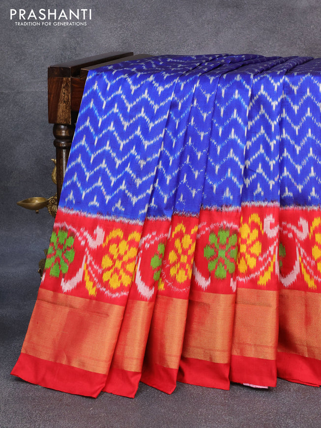 Pochampally silk saree blue and red with allover ikat weaves and zari woven border