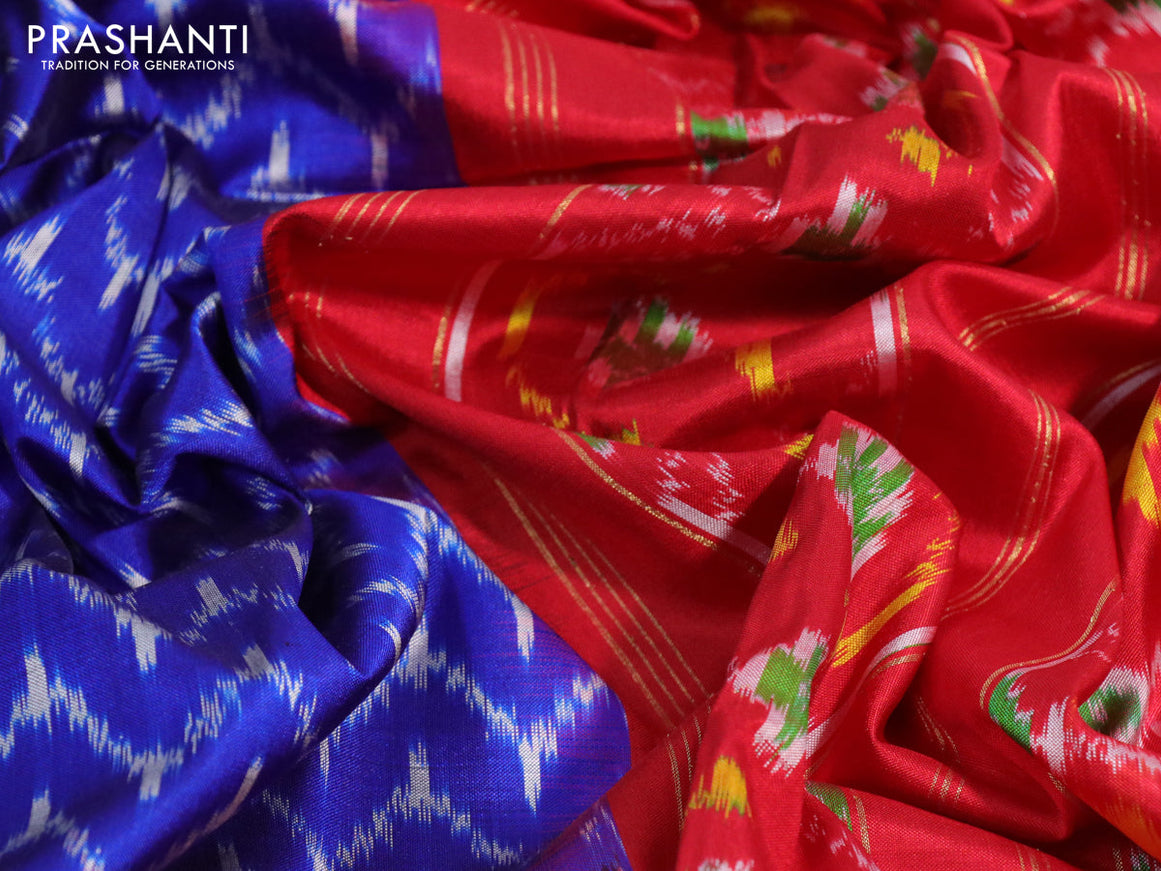 Pochampally silk saree blue and red with allover ikat weaves and zari woven border