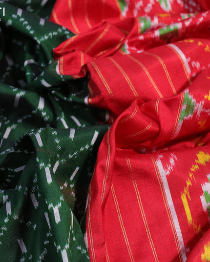 Pochampally silk saree green and red with allover ikat weaves and zari woven border