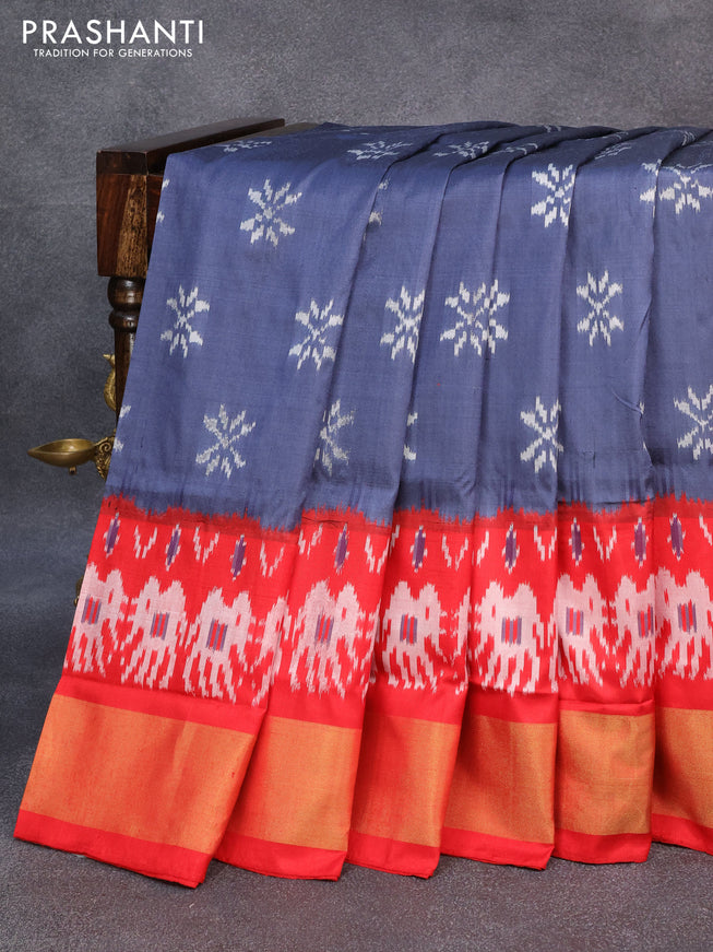 Pochampally silk saree elephant grey and red with allover ikat butta weaves and zari woven border