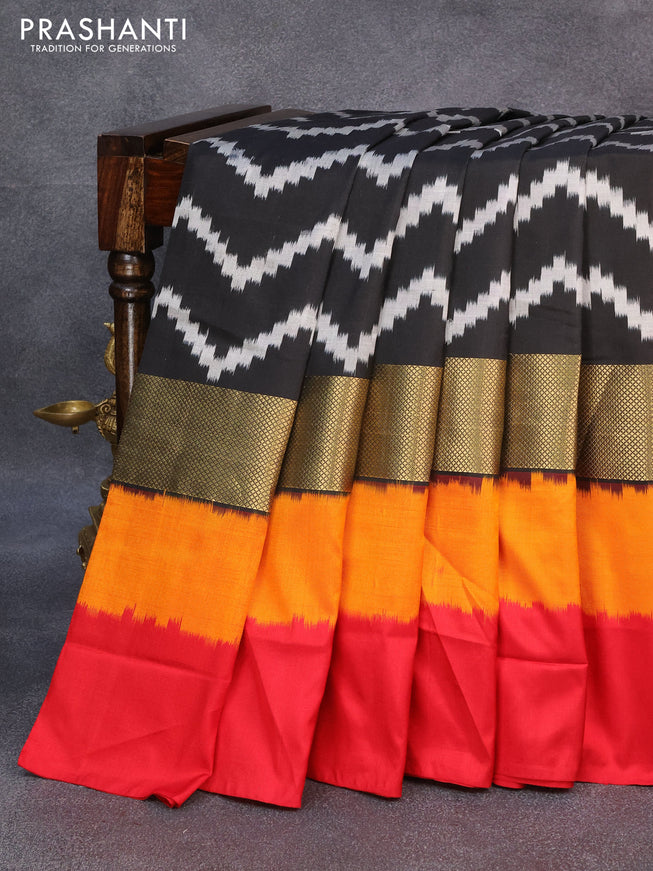 Pochampally silk saree black and red with allover zig zag weaves and simple border