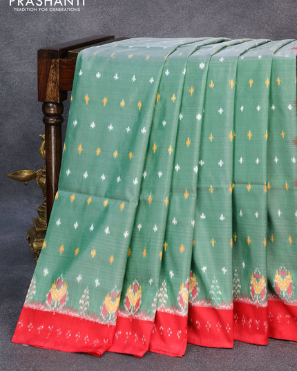 Pochampally silk saree green shade and red with allover ikat butta weaves and simple border