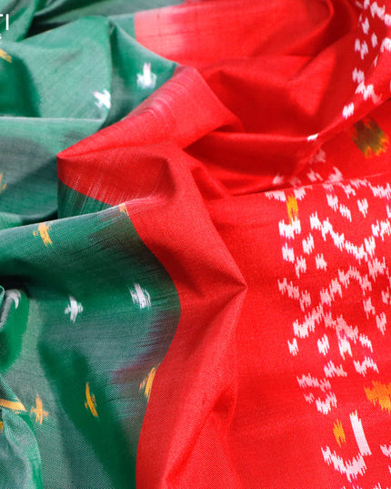Pochampally silk saree green shade and red with allover ikat butta weaves and simple border