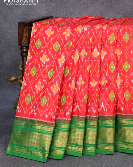 Pochampally silk saree red and green with allover ikat weaves and zari woven border
