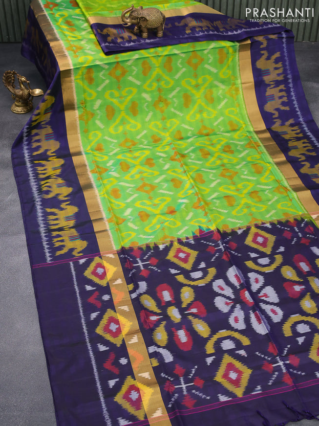 Ikat soft silk saree light green and dark blue with allover ikat weaves and zari woven ikat style border