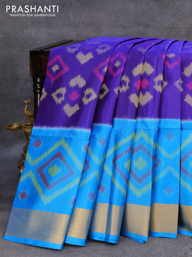Ikat soft silk saree blue and cs blue with allover ikat weaves and zari woven border