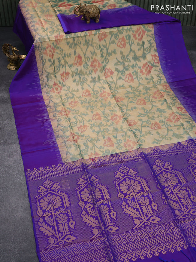 Ikat soft silk saree beige and blue with allover ikat & zari weaves and simple border