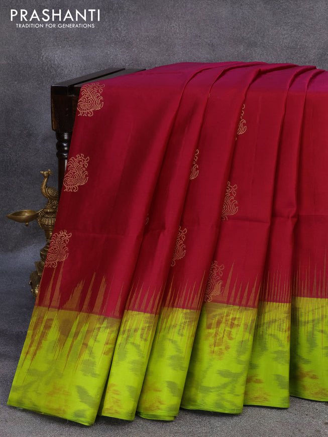 Ikat soft silk saree dual shade of pinkish red and lime green with annam zari woven buttas and ikat style border