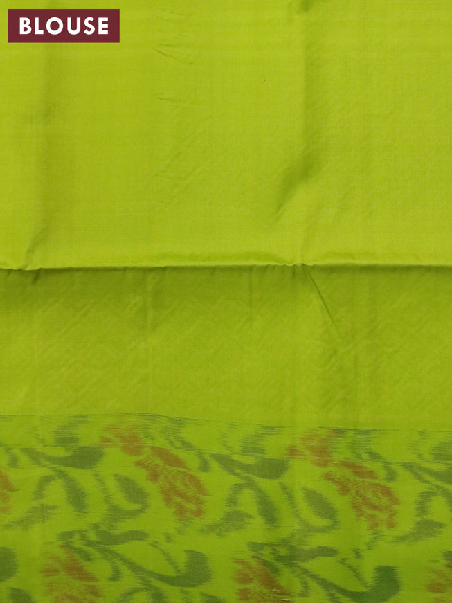 Ikat soft silk saree dual shade of pinkish red and lime green with annam zari woven buttas and ikat style border