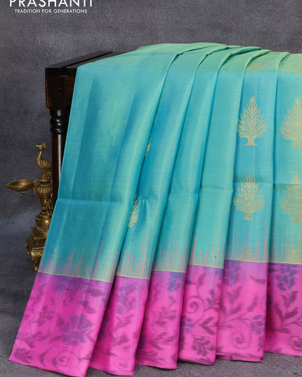 Ikat soft silk saree teal blue and pink with zari woven buttas and ikat style border