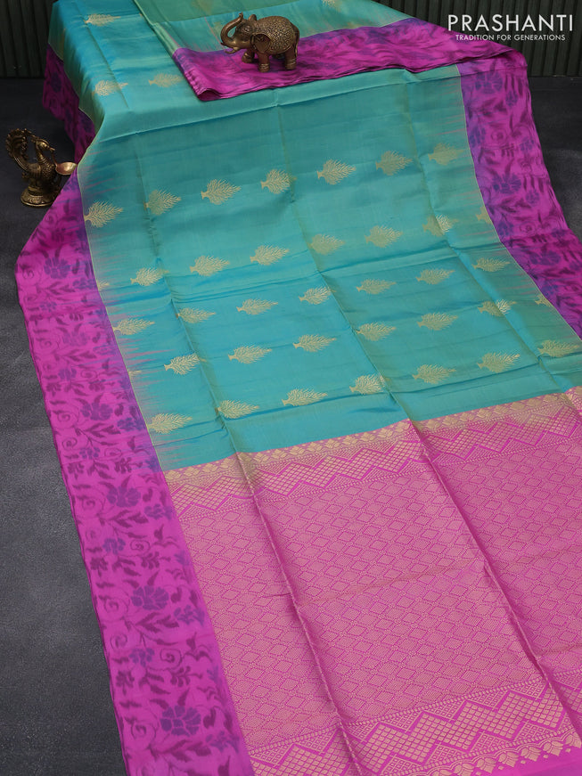 Ikat soft silk saree teal blue and pink with zari woven buttas and ikat style border