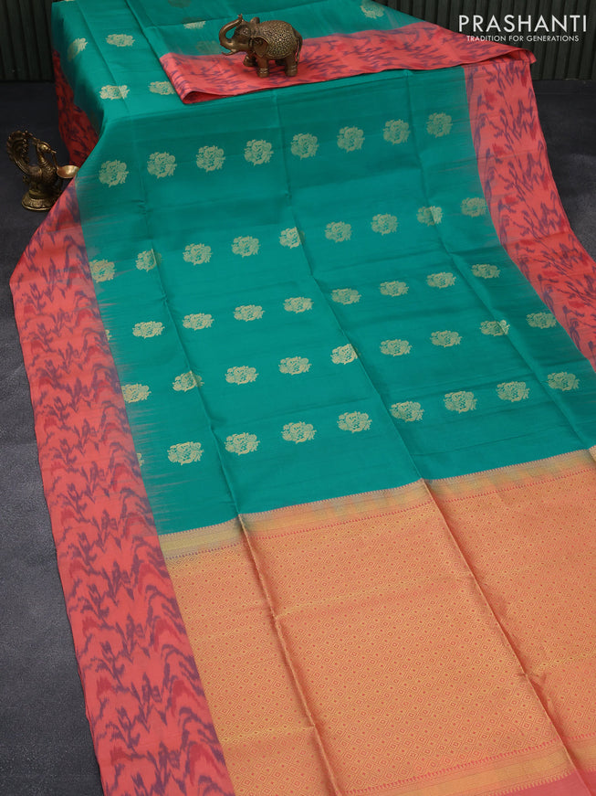 Ikat soft silk saree teal blue and peach orange with paecock zari woven buttas and ikat style border