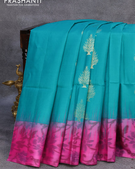 Ikat soft silk saree teal blue and pink shade with zari woven buttas and ikat style border