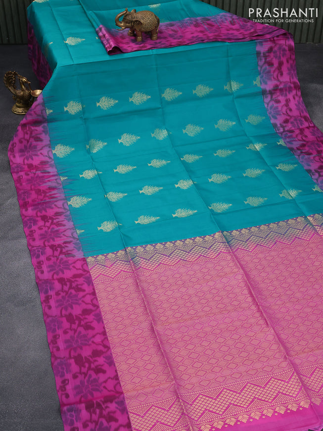 Ikat soft silk saree teal blue and pink shade with zari woven buttas and ikat style border