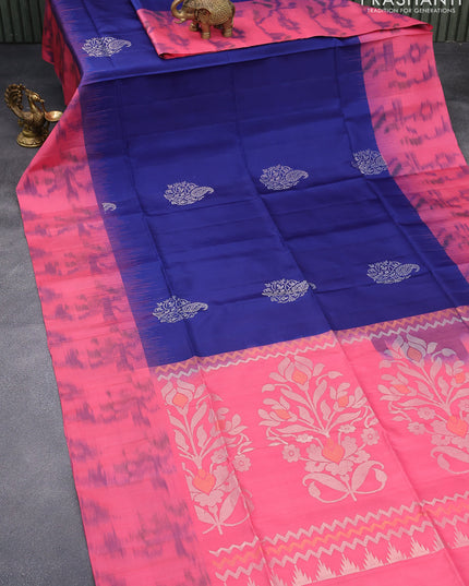 Ikat soft silk saree blue and peach pink shade with silver zari woven buttas and ikat style border