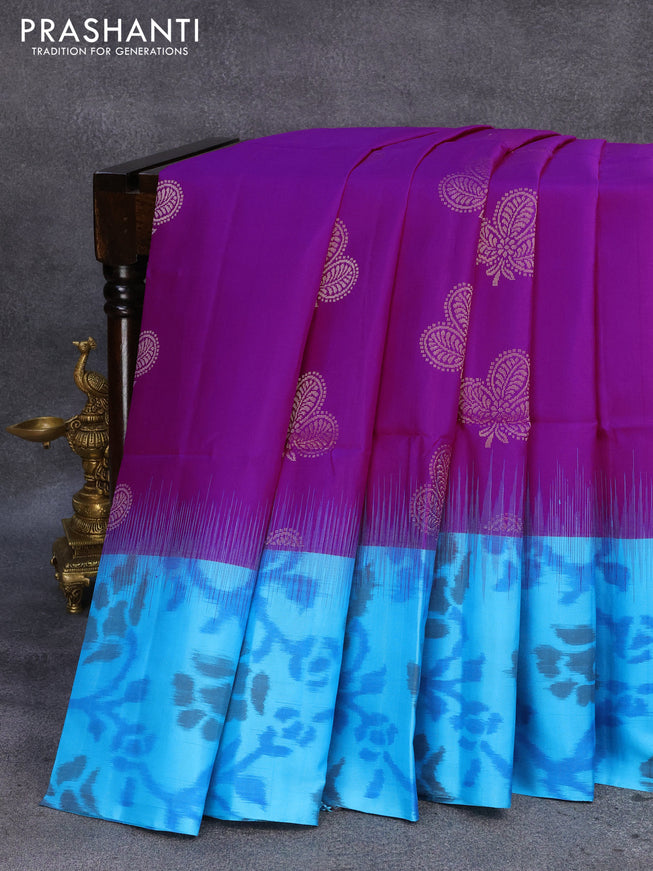 Ikat soft silk saree purple and light blue with silver zari woven buttas and ikat style border