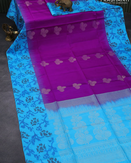 Ikat soft silk saree purple and light blue with silver zari woven buttas and ikat style border