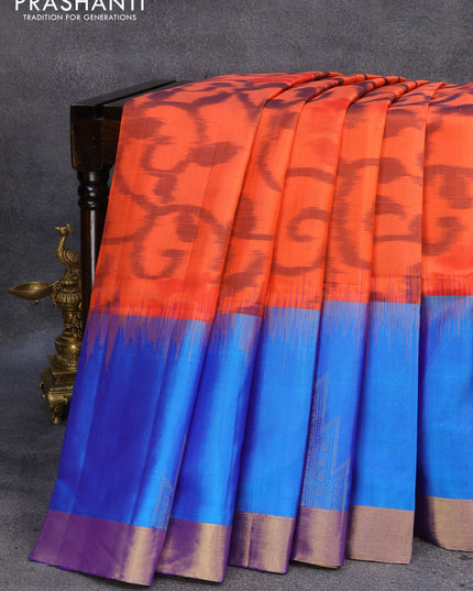 Ikat soft silk saree orange and dual shade of blue with allover ikat weaves and long rich zari woven border