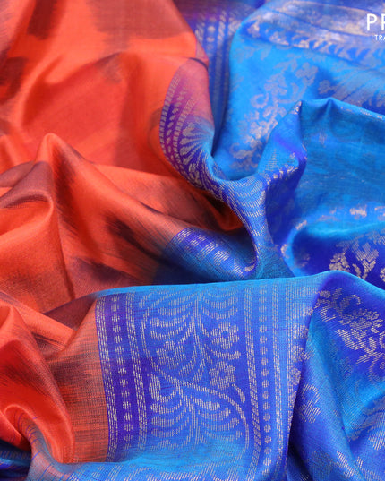 Ikat soft silk saree orange and dual shade of blue with allover ikat weaves and long rich zari woven border