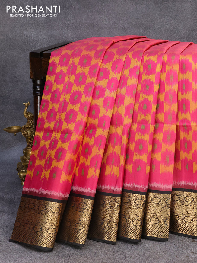 Ikat soft silk saree pink and black with allover ikat weaves and zari woven border