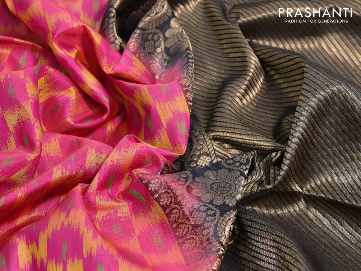 Ikat soft silk saree pink and black with allover ikat weaves and zari woven border